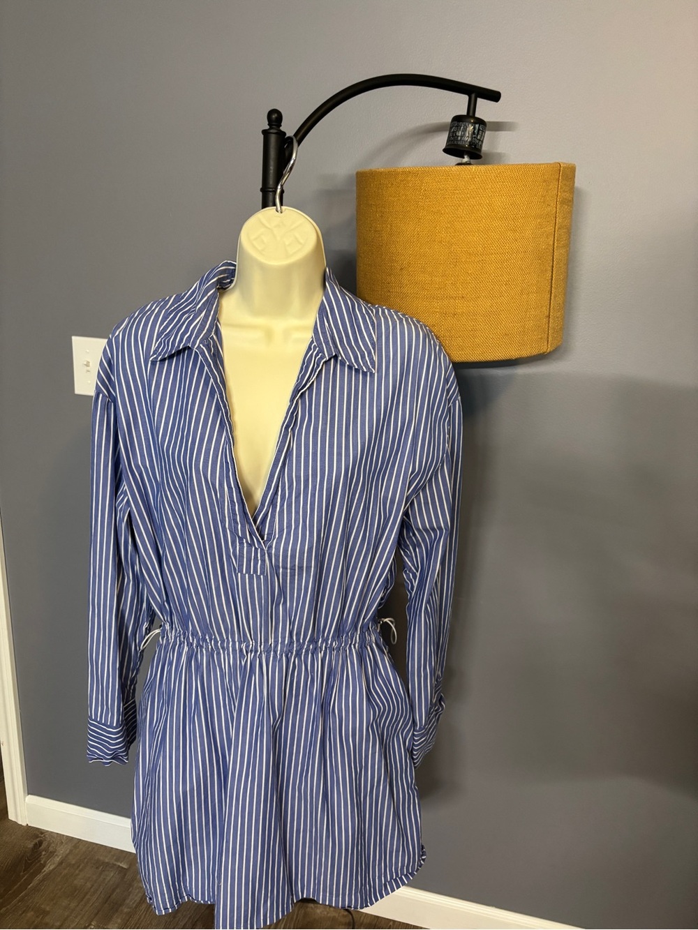 Striped Blue and White V-Neck dresswith Elastic Waist